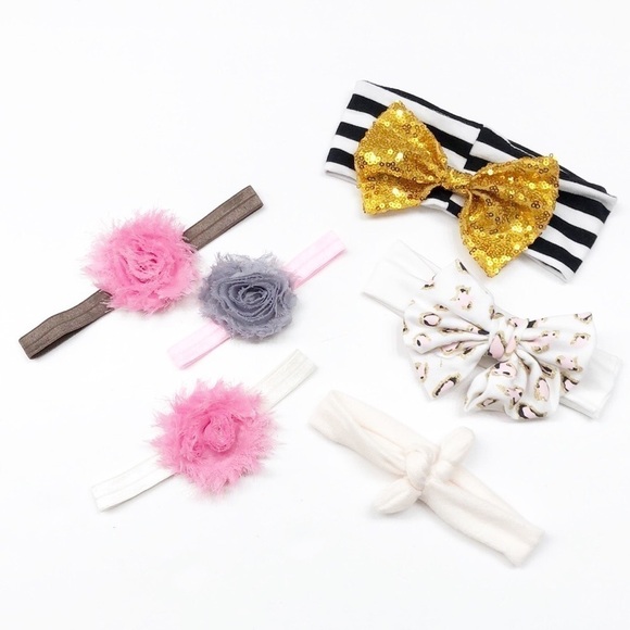 Set of 6 baby girl flower + bow headbands - Picture 1 of 3